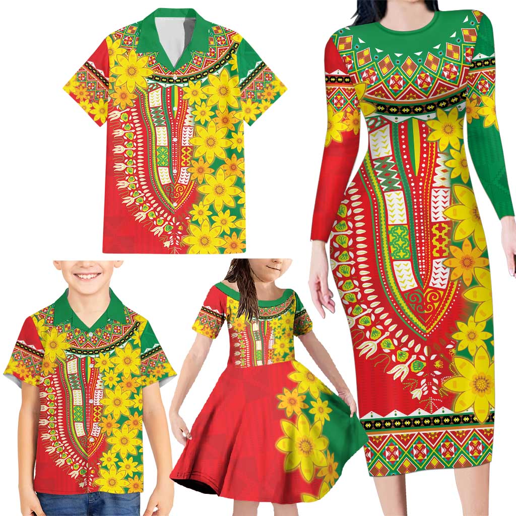 Ethiopian New Year Family Matching Long Sleeve Bodycon Dress and Hawaiian Shirt Enkutatash Adey Abeba Flower Art LT9 - Wonder Print Shop