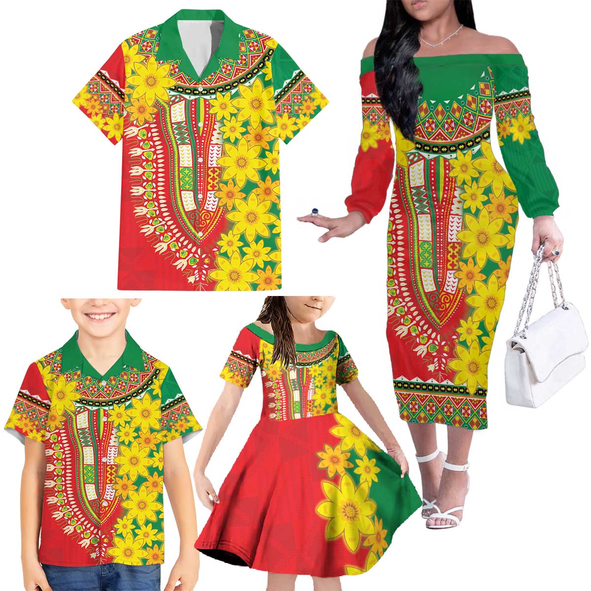 Ethiopian New Year Family Matching Off The Shoulder Long Sleeve Dress and Hawaiian Shirt Enkutatash Adey Abeba Flower Art