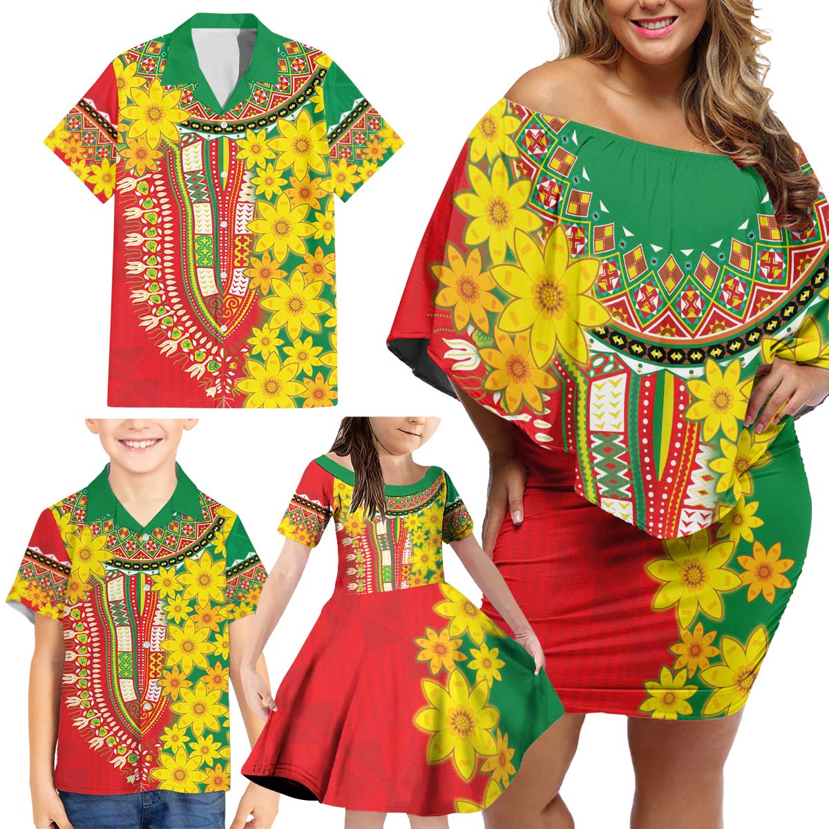 Ethiopian New Year Family Matching Off Shoulder Short Dress and Hawaiian Shirt Enkutatash Adey Abeba Flower Art