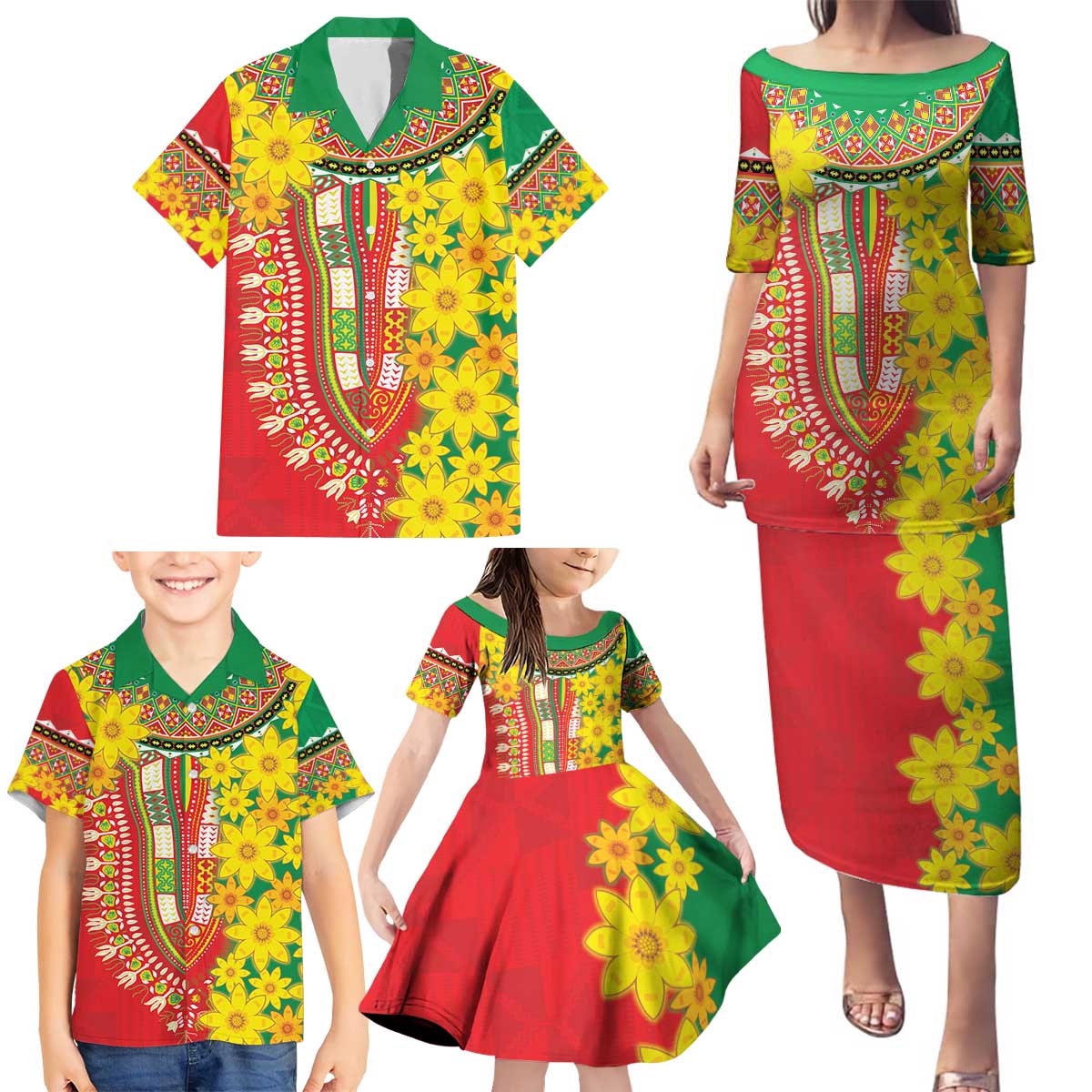 Ethiopian New Year Family Matching Puletasi and Hawaiian Shirt Enkutatash Adey Abeba Flower Art - Wonder Print Shop