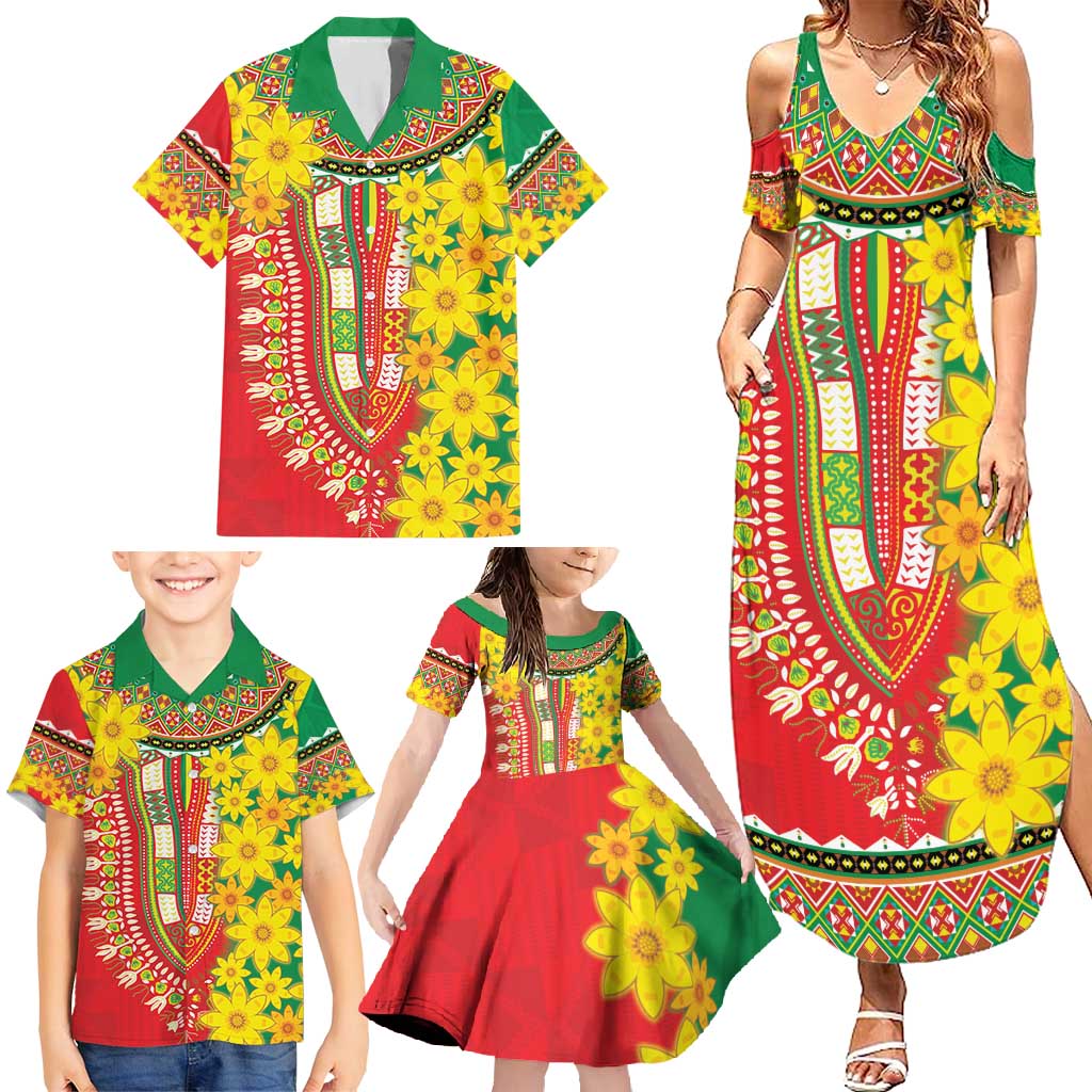 Ethiopian New Year Family Matching Summer Maxi Dress and Hawaiian Shirt Enkutatash Adey Abeba Flower Art - Wonder Print Shop