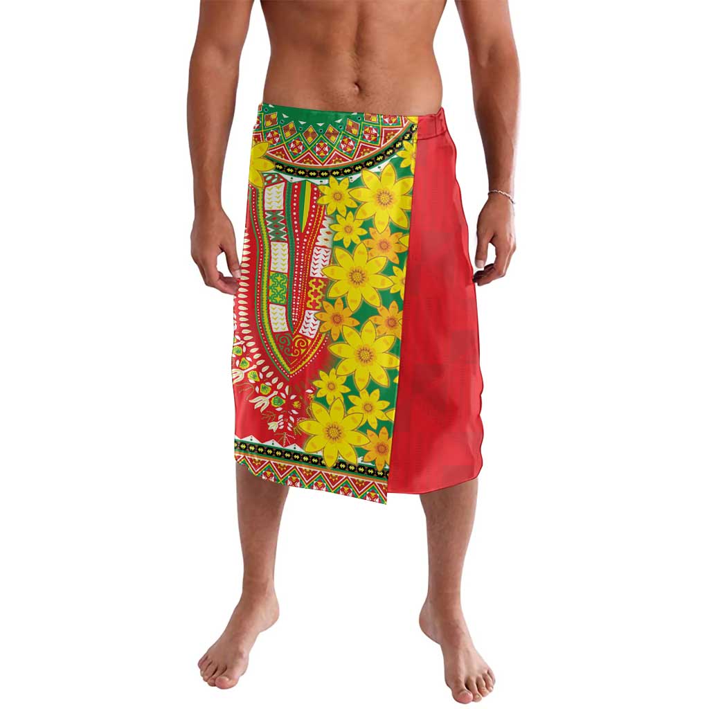 Green, yellow and red printed wrap skirt with floral panel and patterned border