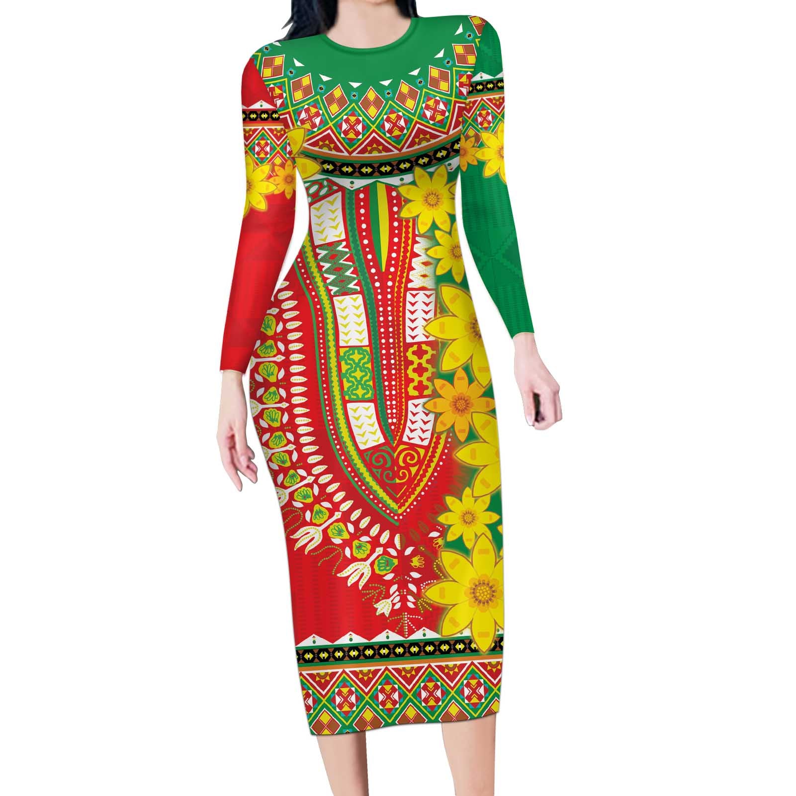 Ethiopian New Year Long Sleeve Bodycon Dress Enkutatash Adey Abeba Flower Art - Wonder Print Shop