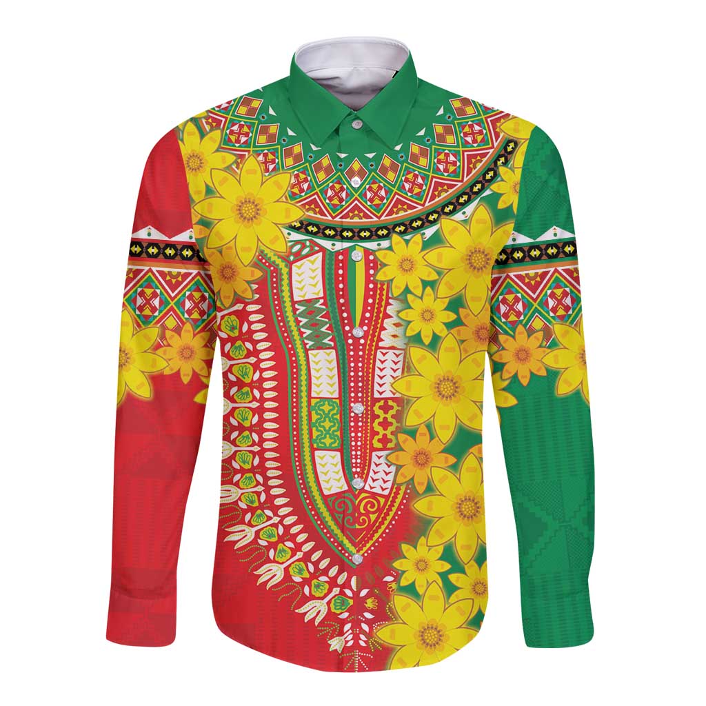 Green long-sleeve button shirt with bright yellow, red, and floral geometric print