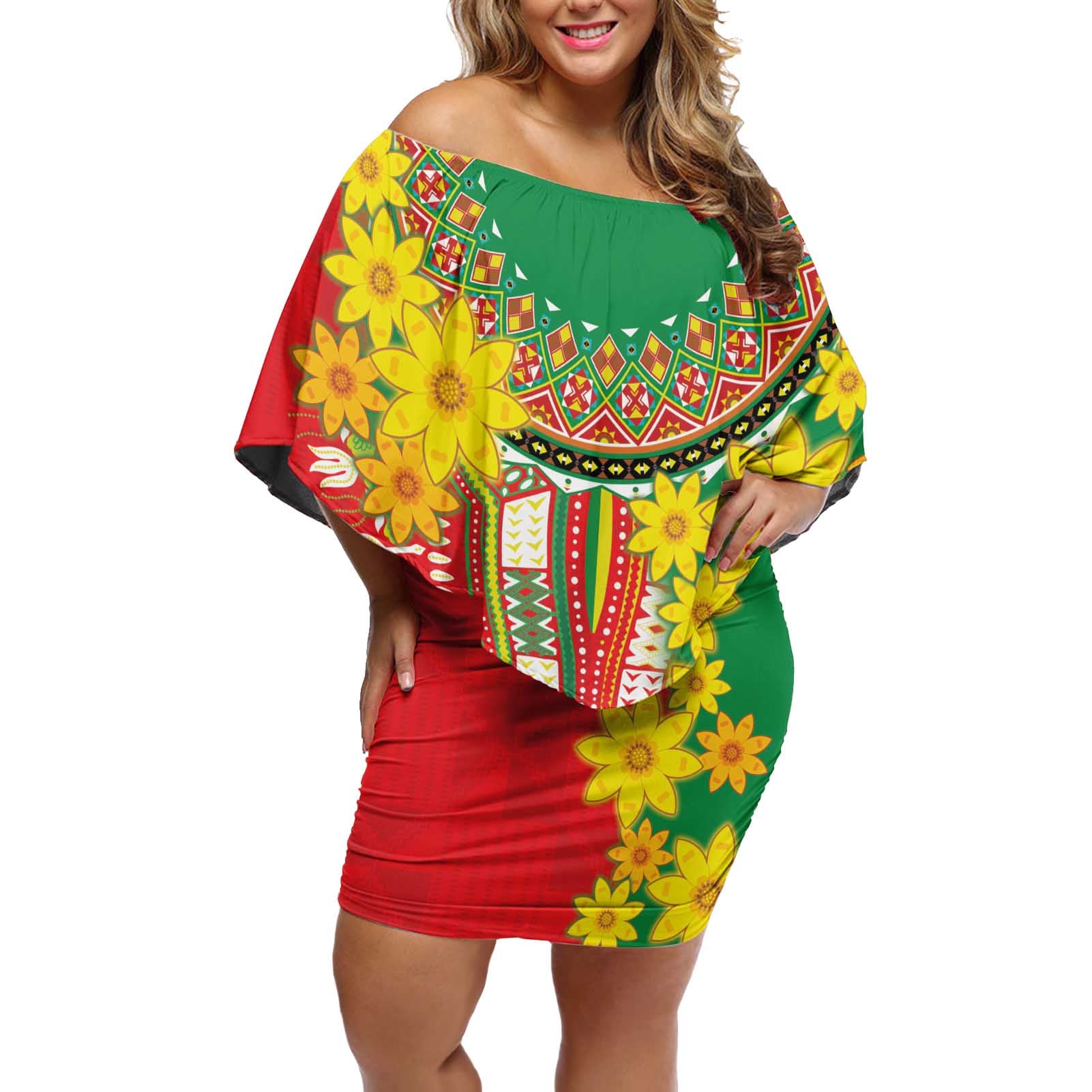 Ethiopian New Year Off Shoulder Short Dress Enkutatash Adey Abeba Flower Art