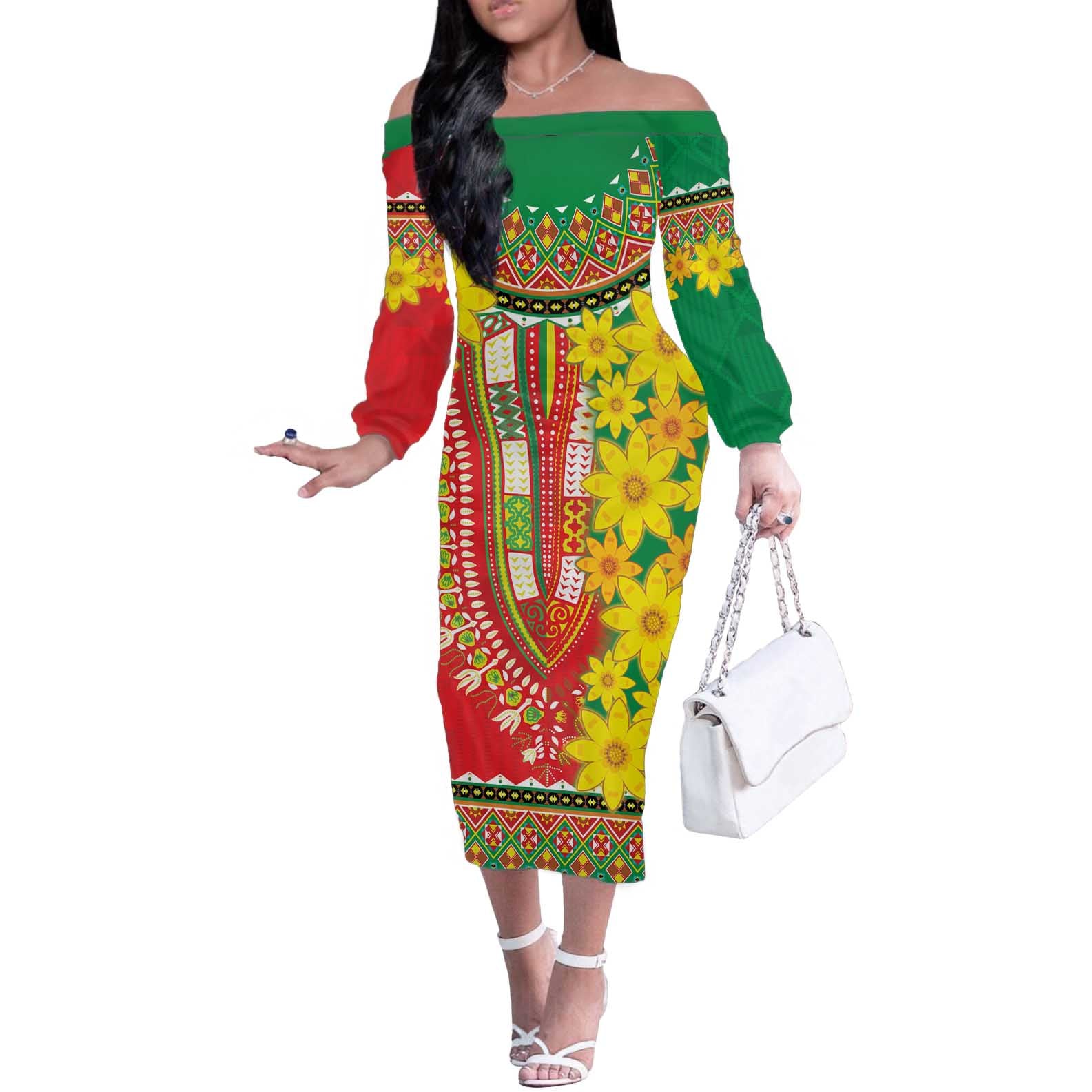 Ethiopian New Year Off The Shoulder Long Sleeve Dress Enkutatash Adey Abeba Flower Art