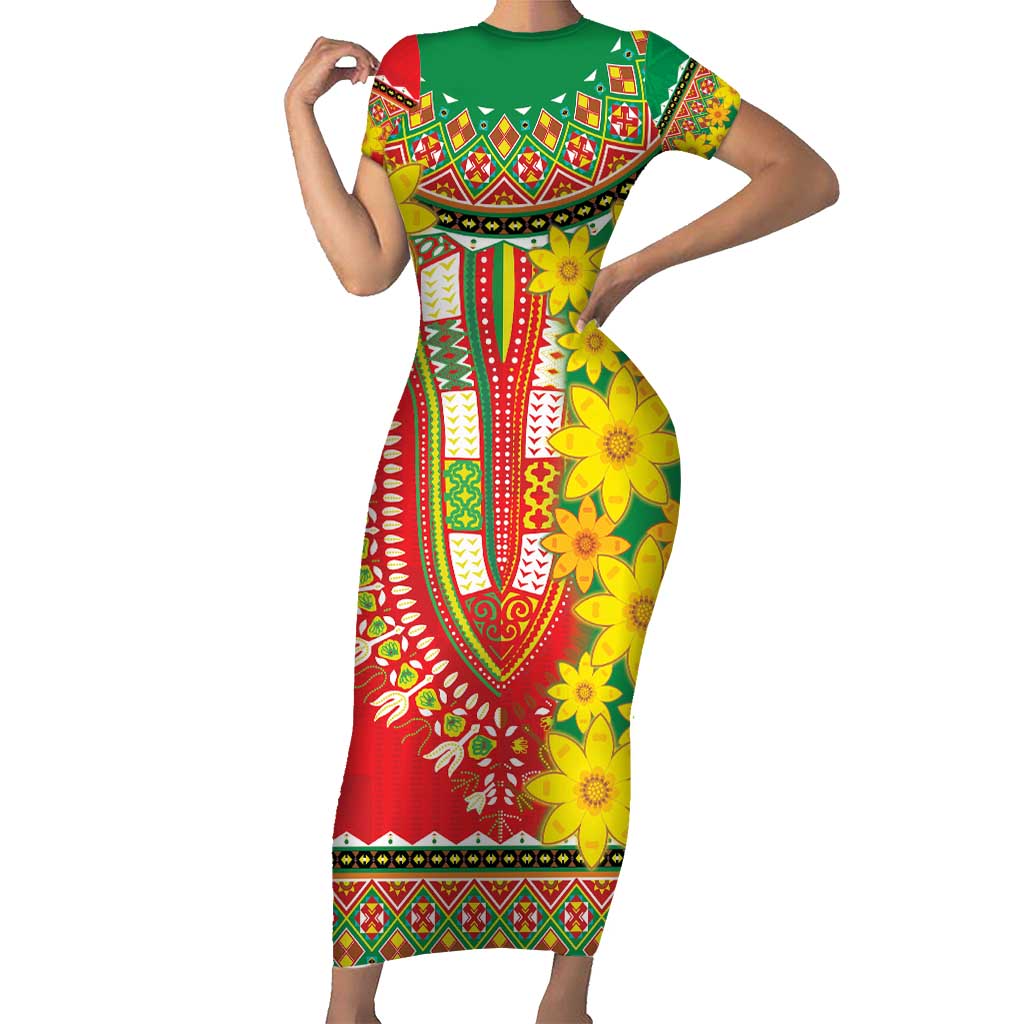 Ethiopian New Year Short Sleeve Bodycon Dress Enkutatash Adey Abeba Flower Art