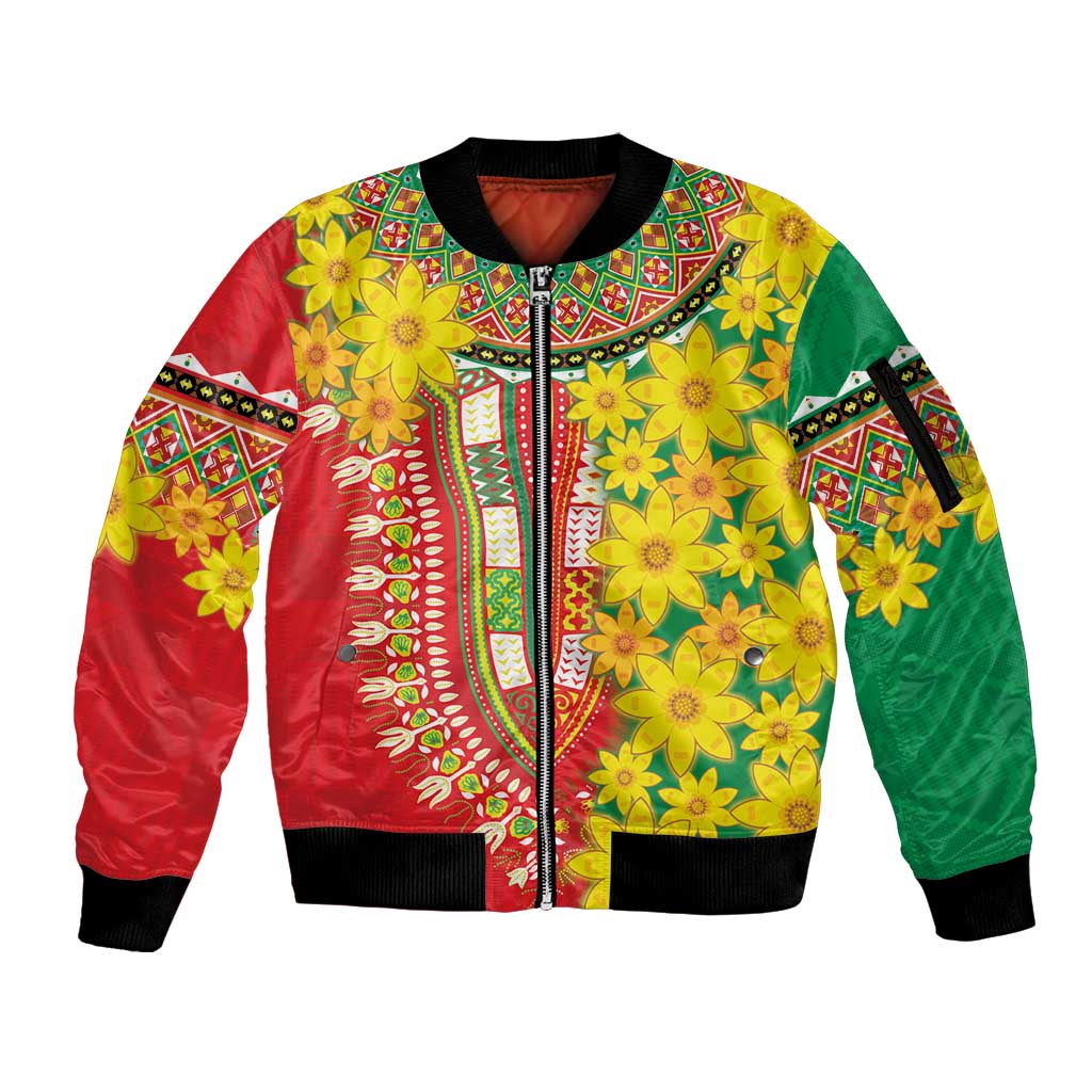 Ethiopian New Year Sleeve Zip Bomber Jacket Enkutatash Adey Abeba Flower Art