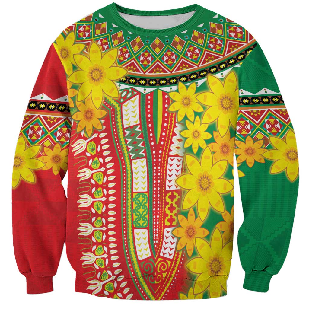 Unisex green sweatshirt with bold floral and Ethiopian-style geometric pattern, long sleeves