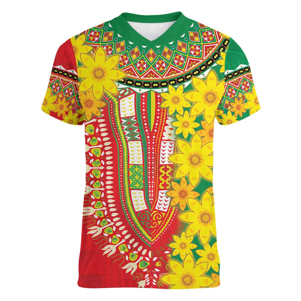 Ethiopian New Year Women V-Neck T-Shirt Enkutatash Adey Abeba Flower Art