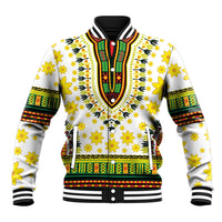 White baseball jacket with colorful dashiki pattern, V neckline, striped ribbed cuffs