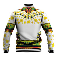 White baseball jacket back view with dashiki print paneling and striped ribbed hem