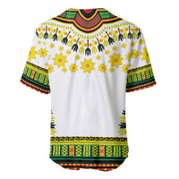 White dashiki baseball jersey back view with patterned yoke, floral icons, and banded hem