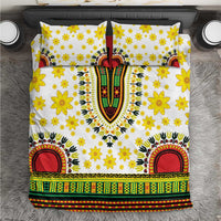 White dashiki-style bedding set with yellow flower print and multicolor central medallion