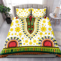 White bedding set with yellow floral pattern and red circular medallion on duvet cover