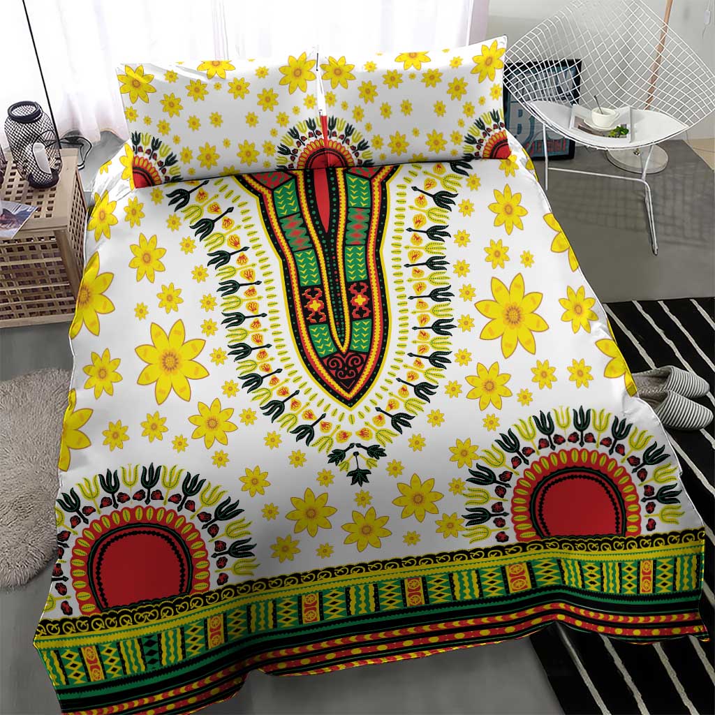 White duvet cover with yellow flowers, multicolor vertical motif, and green red border