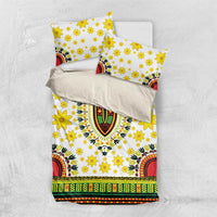 White bedding set with matching pillowcases; yellow floral print and multicolor medallion design
