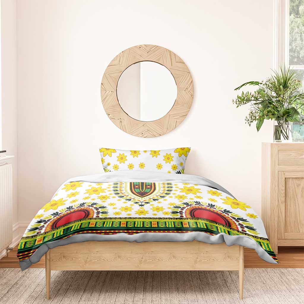 White bedding set with yellow floral print and multicolor dashiki stripe medallion center