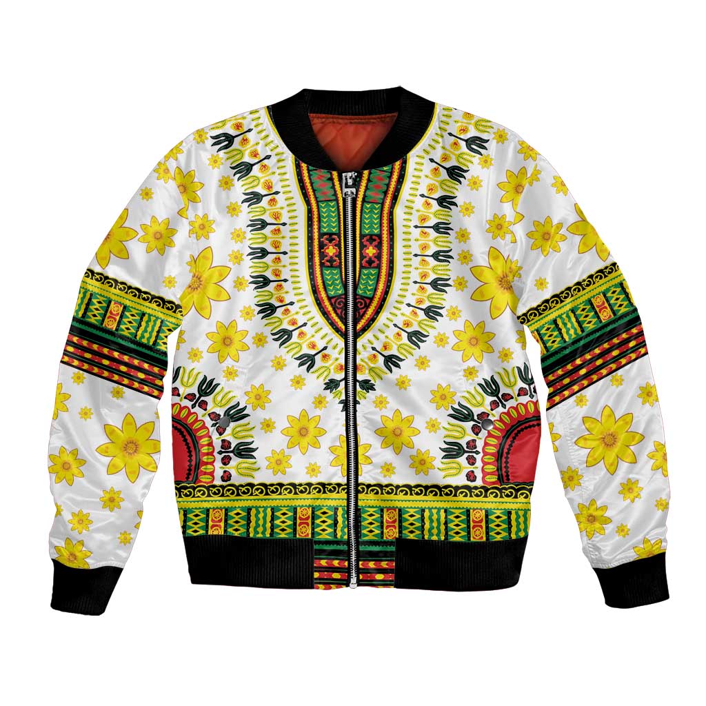 White bomber jacket with yellow floral and dashiki-style trim, front zipper, ribbed cuffs