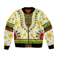 White bomber jacket with yellow floral and dashiki-style trim, front zipper, ribbed cuffs