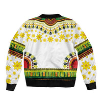 White bomber jacket back view with yellow floral panel, dashiki trim, ribbed waistband