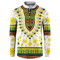 White long-sleeve V-neck sweatshirt with bright yellow floral dashiki motifs and trim