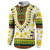 White V-neck long-sleeve sweatshirt with colorful African dashiki print and ribbed cuffs