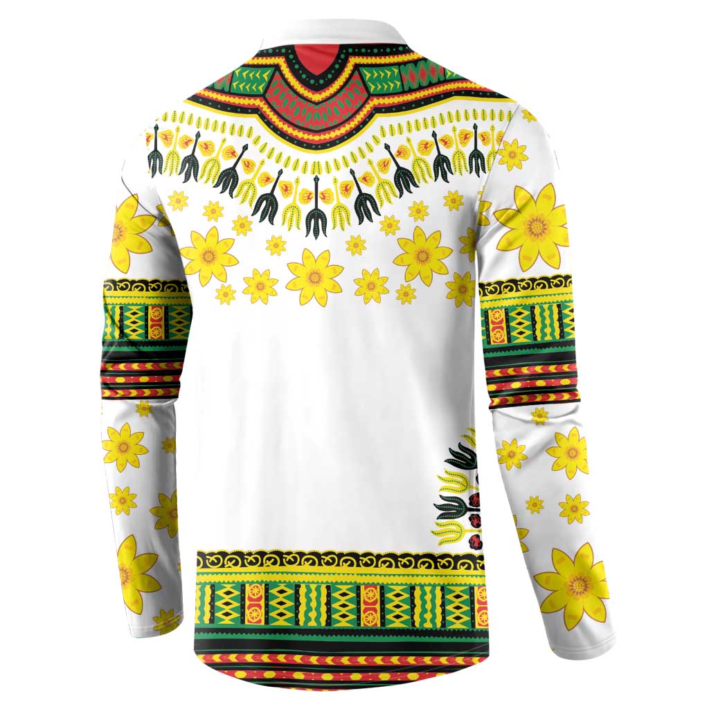 White long-sleeve sweatshirt with back dashiki yoke, yellow flower motifs, and ribbed hem