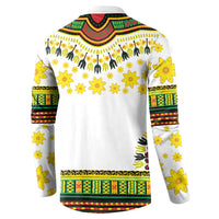 White long-sleeve sweatshirt with back dashiki yoke, yellow flower motifs, and ribbed hem