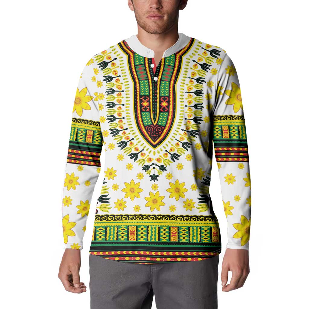 White dashiki-print V-neck long-sleeve sweatshirt on model, colorful trim and floral motifs