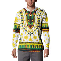 White dashiki-print V-neck long-sleeve sweatshirt on model, colorful trim and floral motifs