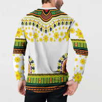 White V-neck long-sleeve sweatshirt with colorful back dashiki pattern and ribbed cuffs