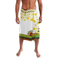 White dashiki-style knee skirt with yellow flower print and colorful border hem