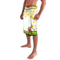 White dashiki-style knee skirt with yellow flower print and green-red trim border