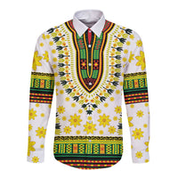 White long sleeve button shirt with yellow floral dashiki-style V yoke