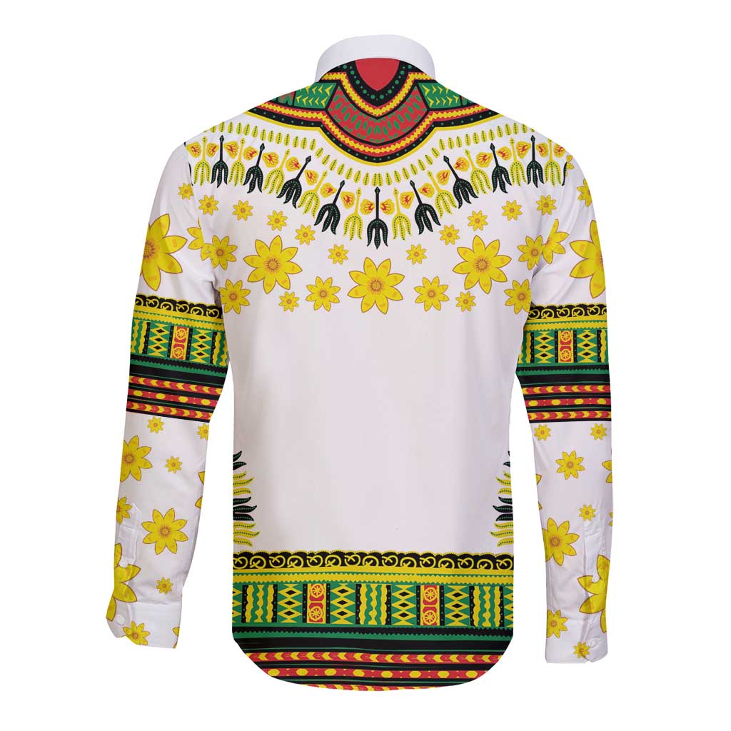 White long sleeve button shirt back with yellow floral print and green-red border
