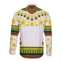 White long sleeve button shirt back with yellow floral print and green-red border
