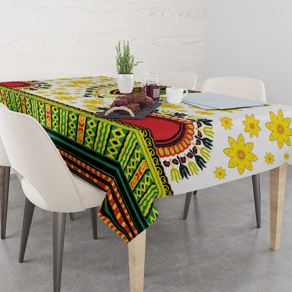 Tablecloth with green geometric panels and yellow flower print, red-and-black border