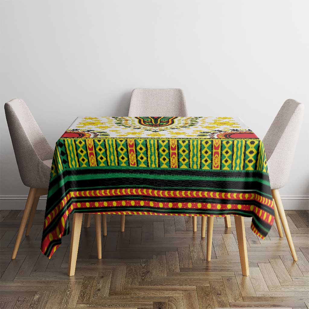 Tablecloth with green-and-yellow pattern, red striped border and central motif