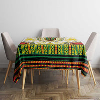 Tablecloth with green-and-yellow pattern, red striped border and central motif