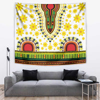White wall tapestry with yellow flowers, red-green central motif, and multicolor striped border