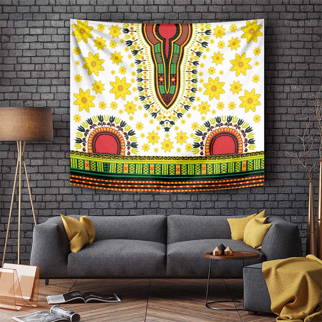 Wall tapestry with yellow flower print, red-green center design, and multicolor stripe trim
