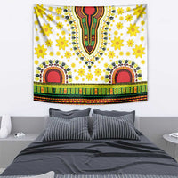 Rectangular wall tapestry: yellow flowers on white, red-green center motif, multicolor lower band