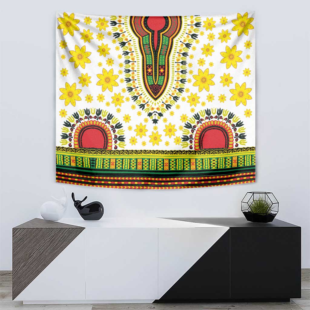 White rectangular tapestry with yellow flowers, red arch motifs, and multicolor stripe border
