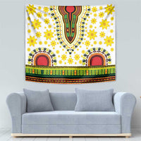 White wall tapestry with yellow flowers, red-green centerpiece, and vibrant striped hem border