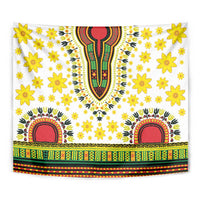 Close-up tapestry on white with yellow flowers, red-green center motif, and colorful striped hem