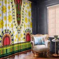 White window curtain panel with yellow flowers and red arch motif, green/red decorative border