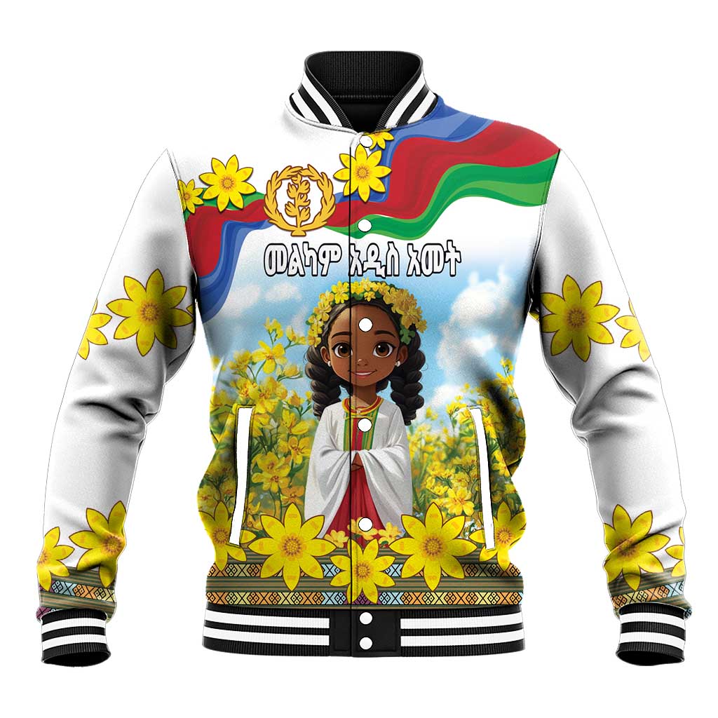White baseball jacket with girl portrait, yellow flowers, and flag graphic
