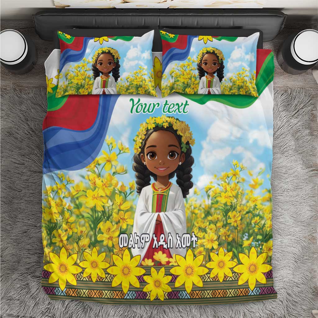 Kids duvet cover set with illustrated girl, yellow flowers, and red/green/blue wave flag accents