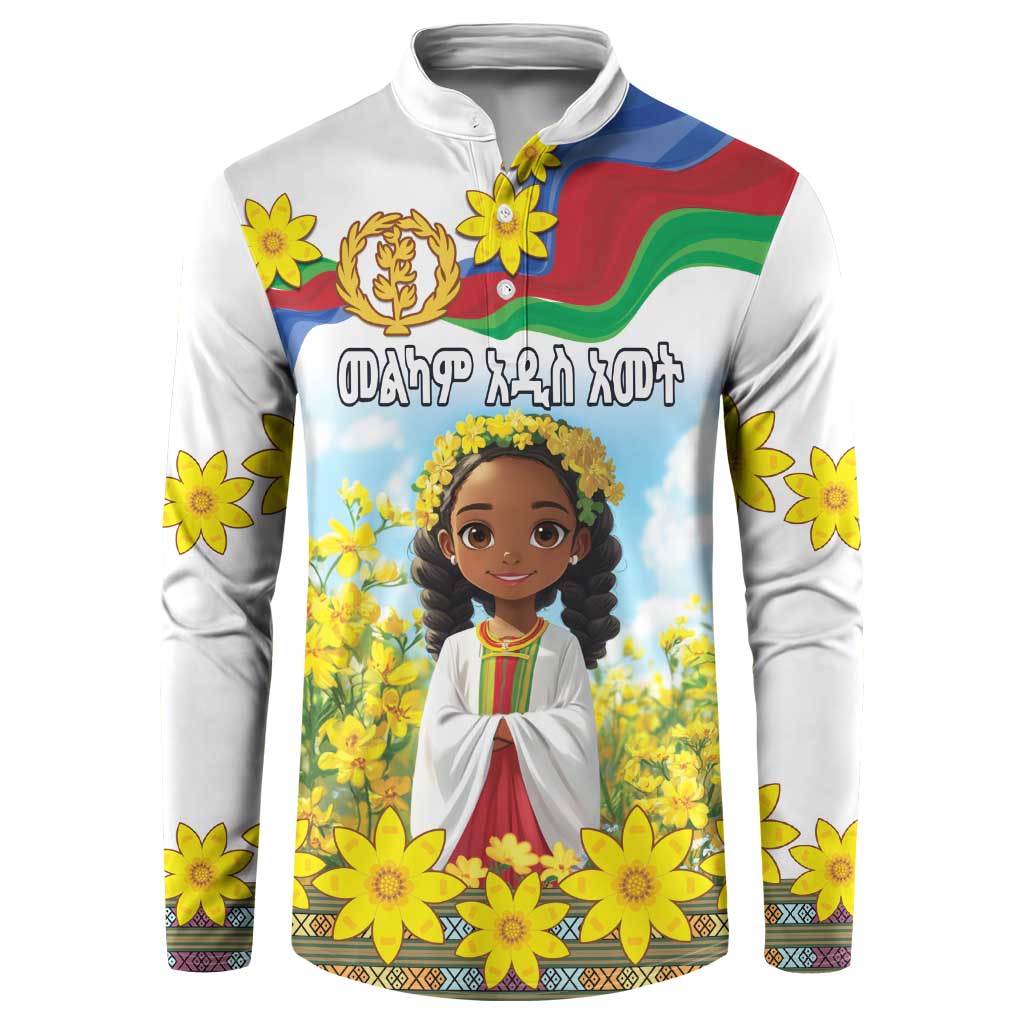 White long-sleeve button sweatshirt, front view, featuring girl portrait, bright flowers, and flag